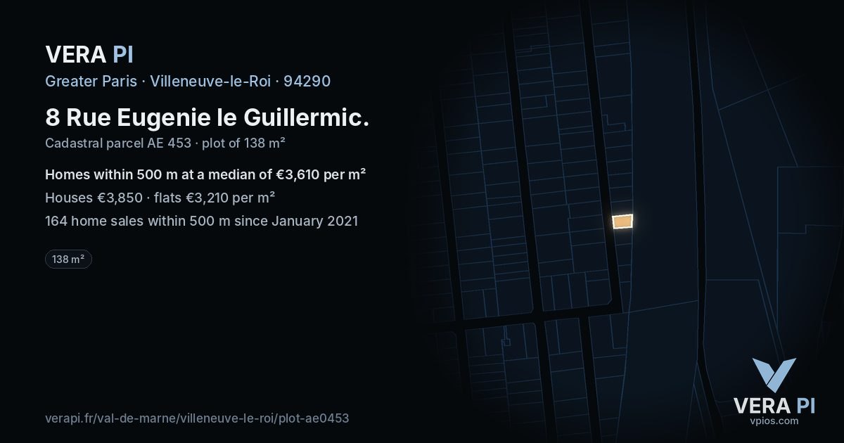 8 Rue Eugenie le Guillermic, Villeneuve-le-Roi at night – the plot lit, the parcels around coloured by the prices near them