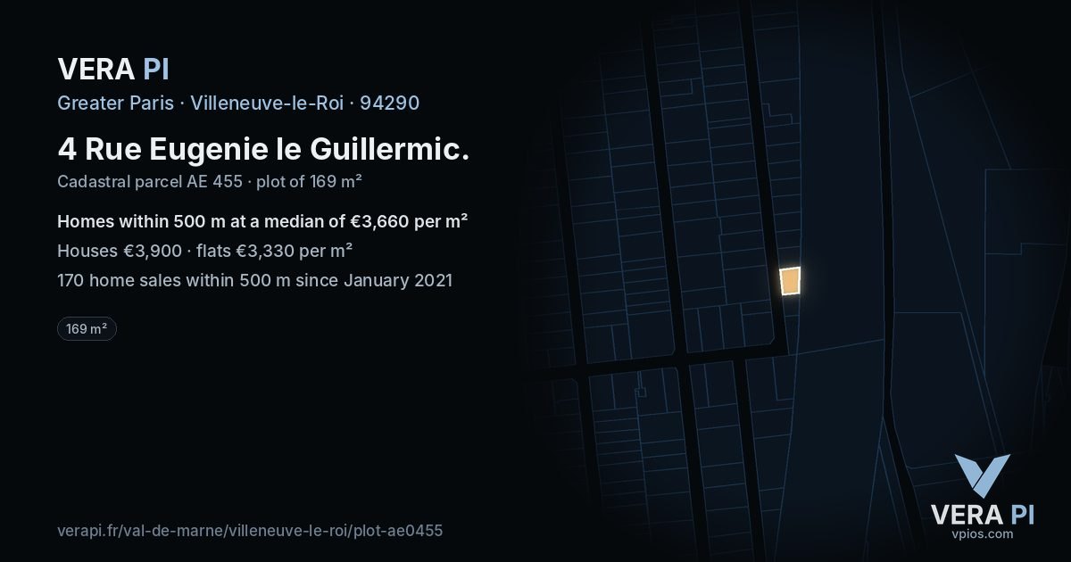 4 Rue Eugenie le Guillermic, Villeneuve-le-Roi at night – the plot lit, the parcels around coloured by the prices near them