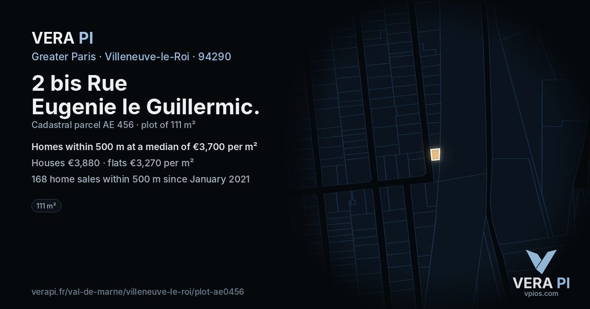 2 bis Rue Eugenie le Guillermic, Villeneuve-le-Roi at night – the plot lit, the parcels around coloured by the prices near them