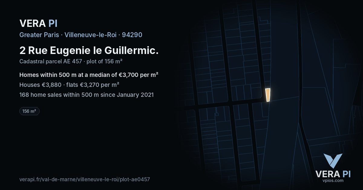 2 Rue Eugenie le Guillermic, Villeneuve-le-Roi at night – the plot lit, the parcels around coloured by the prices near them