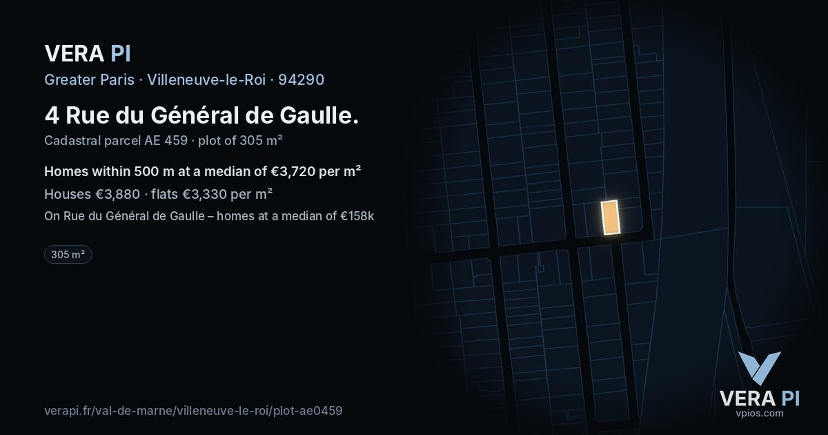 4 Rue du Général de Gaulle, Villeneuve-le-Roi at night – the plot lit, the parcels around coloured by the prices near them