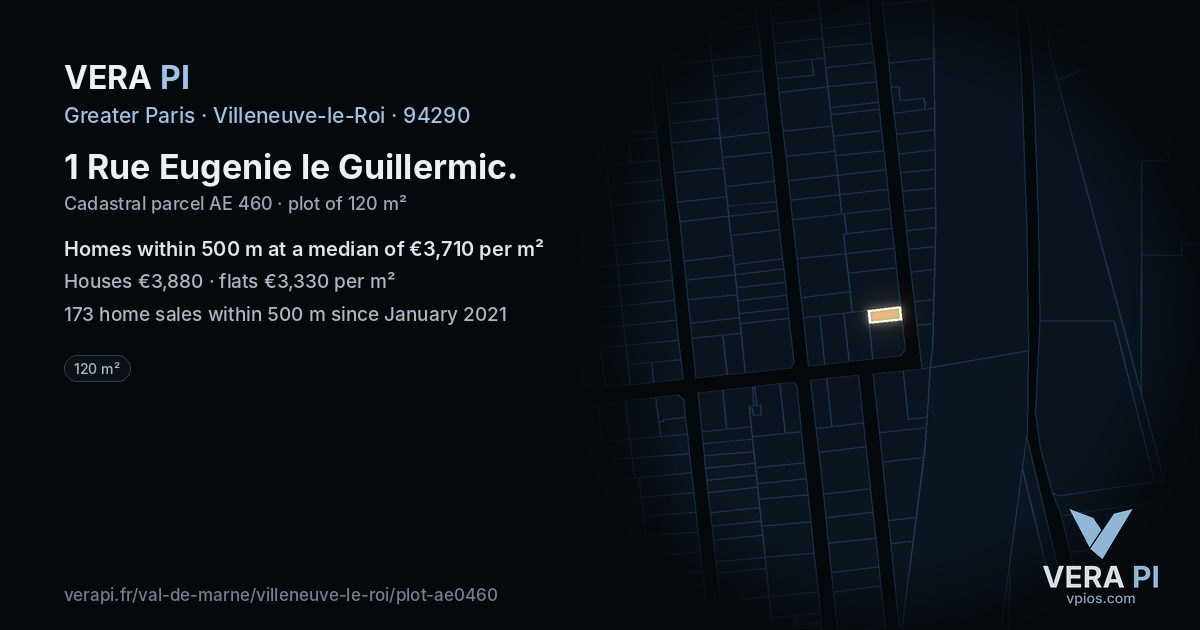 1 Rue Eugenie le Guillermic, Villeneuve-le-Roi at night – the plot lit, the parcels around coloured by the prices near them