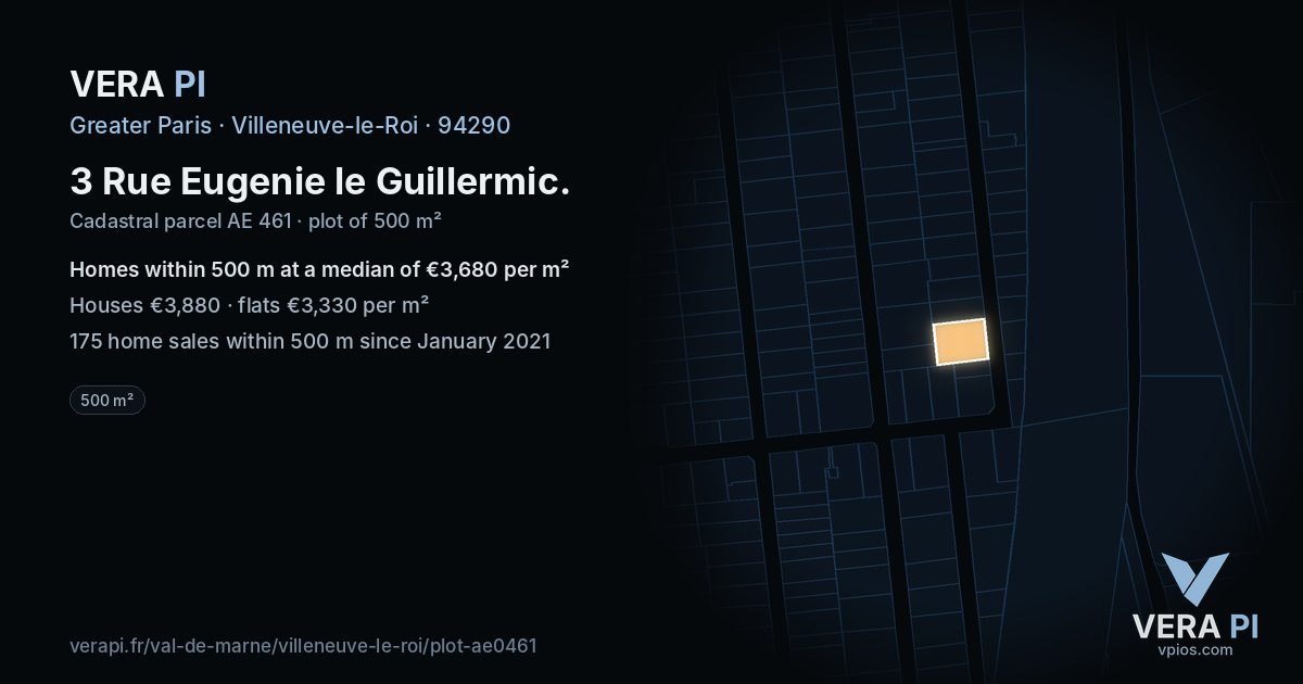 3 Rue Eugenie le Guillermic, Villeneuve-le-Roi at night – the plot lit, the parcels around coloured by the prices near them