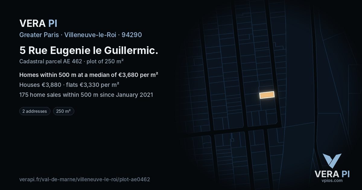 5 Rue Eugenie le Guillermic, Villeneuve-le-Roi at night – the plot lit, the parcels around coloured by the prices near them