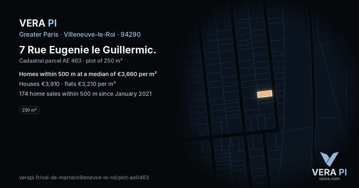 7 Rue Eugenie le Guillermic, Villeneuve-le-Roi at night – the plot lit, the parcels around coloured by the prices near them