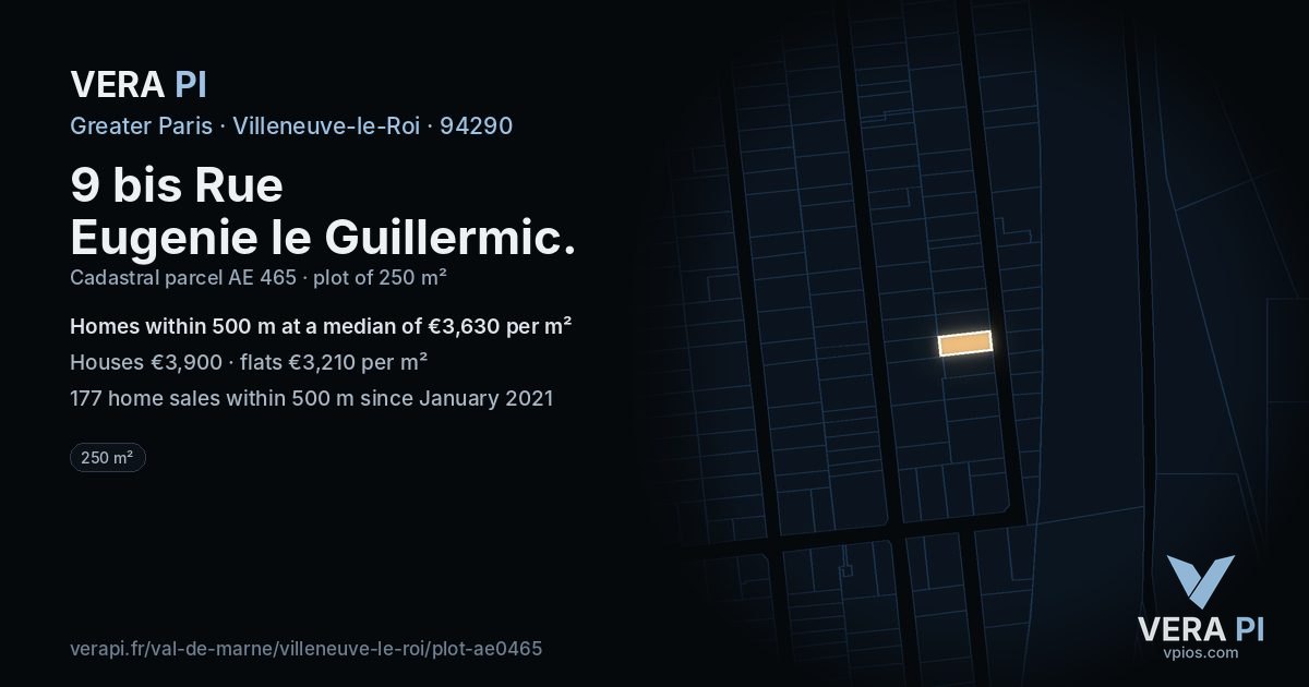 9 bis Rue Eugenie le Guillermic, Villeneuve-le-Roi at night – the plot lit, the parcels around coloured by the prices near them