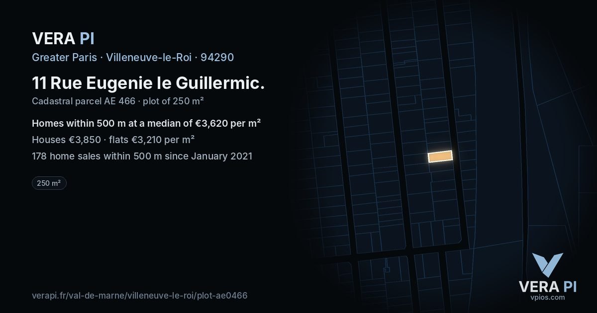 11 Rue Eugenie le Guillermic, Villeneuve-le-Roi at night – the plot lit, the parcels around coloured by the prices near them