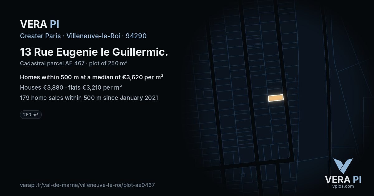 13 Rue Eugenie le Guillermic, Villeneuve-le-Roi at night – the plot lit, the parcels around coloured by the prices near them