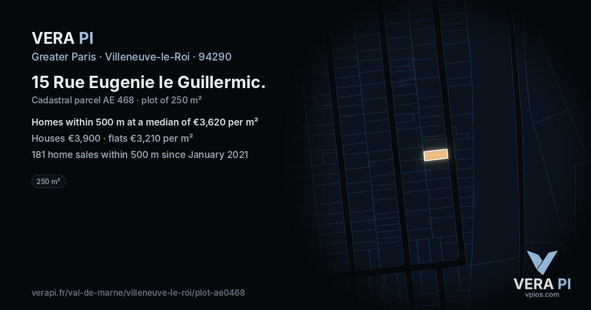 15 Rue Eugenie le Guillermic, Villeneuve-le-Roi at night – the plot lit, the parcels around coloured by the prices near them