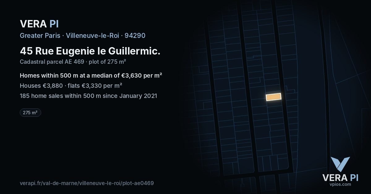45 Rue Eugenie le Guillermic, Villeneuve-le-Roi at night – the plot lit, the parcels around coloured by the prices near them