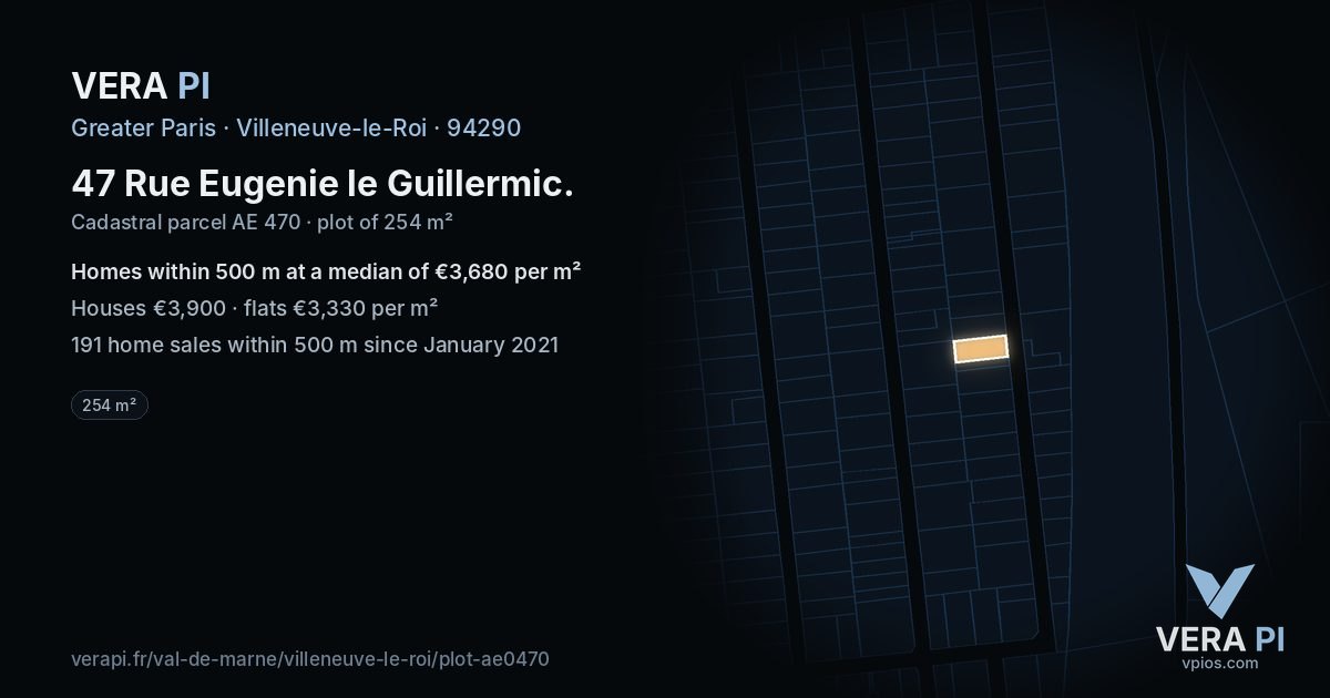 47 Rue Eugenie le Guillermic, Villeneuve-le-Roi at night – the plot lit, the parcels around coloured by the prices near them