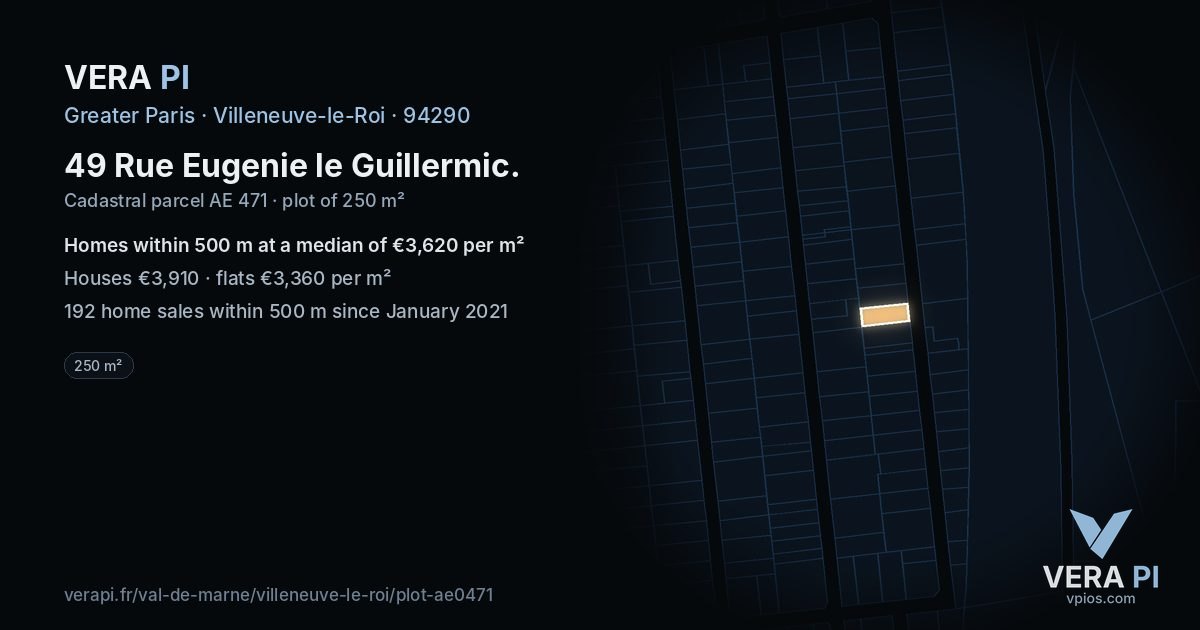 49 Rue Eugenie le Guillermic, Villeneuve-le-Roi at night – the plot lit, the parcels around coloured by the prices near them
