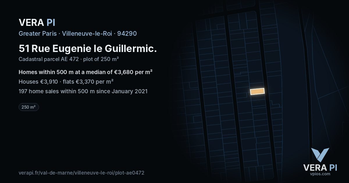 51 Rue Eugenie le Guillermic, Villeneuve-le-Roi at night – the plot lit, the parcels around coloured by the prices near them