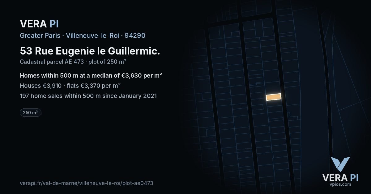53 Rue Eugenie le Guillermic, Villeneuve-le-Roi at night – the plot lit, the parcels around coloured by the prices near them