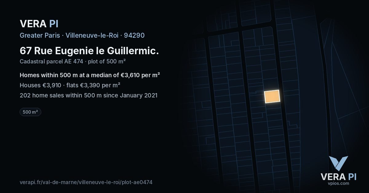 67 Rue Eugenie le Guillermic, Villeneuve-le-Roi at night – the plot lit, the parcels around coloured by the prices near them