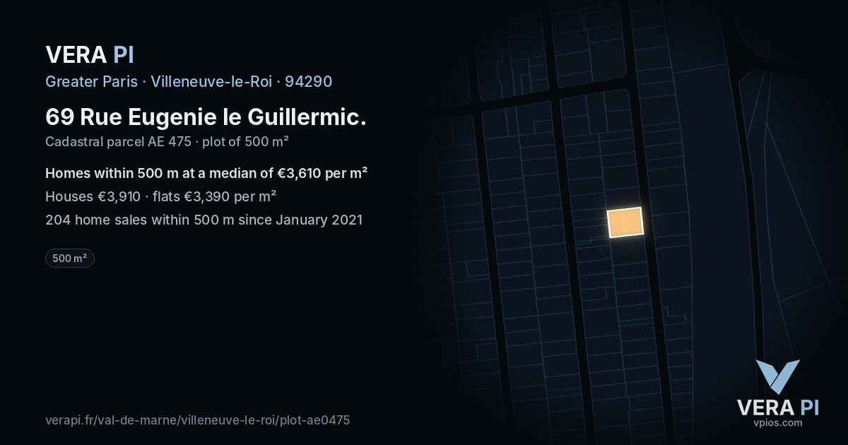 69 Rue Eugenie le Guillermic, Villeneuve-le-Roi at night – the plot lit, the parcels around coloured by the prices near them