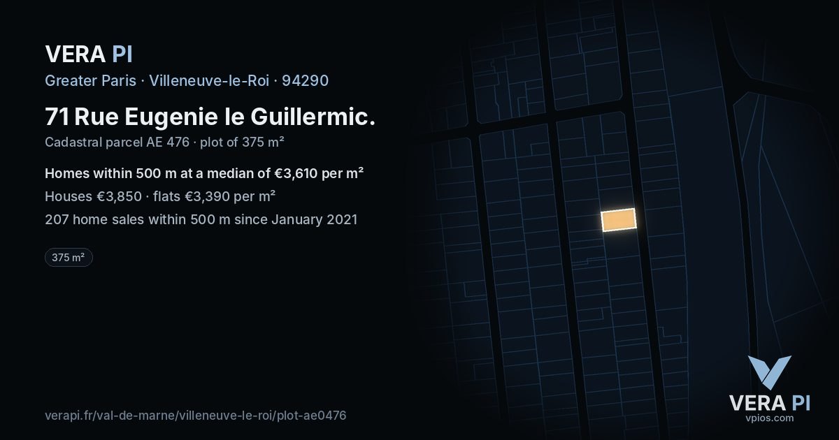 71 Rue Eugenie le Guillermic, Villeneuve-le-Roi at night – the plot lit, the parcels around coloured by the prices near them