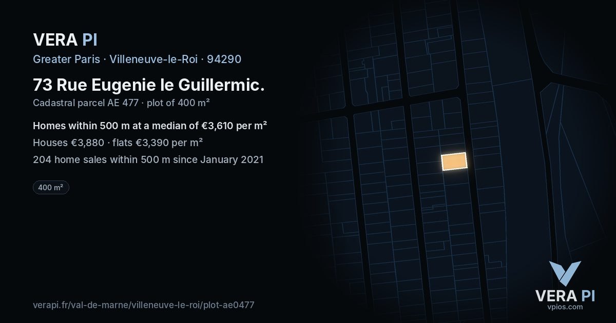 73 Rue Eugenie le Guillermic, Villeneuve-le-Roi at night – the plot lit, the parcels around coloured by the prices near them