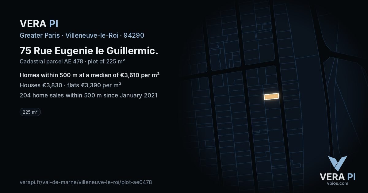 75 Rue Eugenie le Guillermic, Villeneuve-le-Roi at night – the plot lit, the parcels around coloured by the prices near them