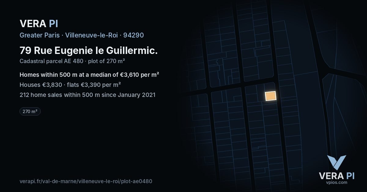 79 Rue Eugenie le Guillermic, Villeneuve-le-Roi at night – the plot lit, the parcels around coloured by the prices near them