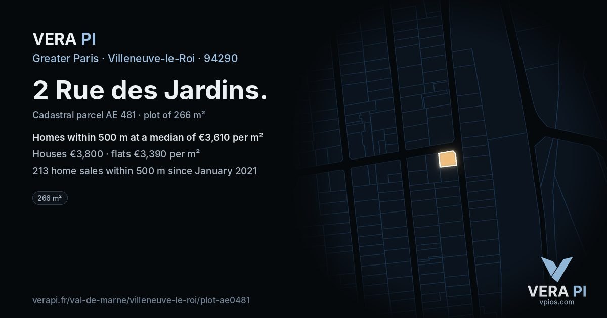 2 Rue des Jardins, Villeneuve-le-Roi at night – the plot lit, the parcels around coloured by the prices near them