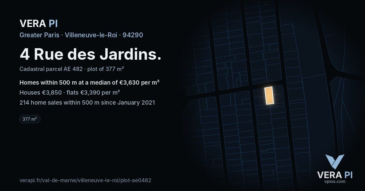 4 Rue des Jardins, Villeneuve-le-Roi at night – the plot lit, the parcels around coloured by the prices near them