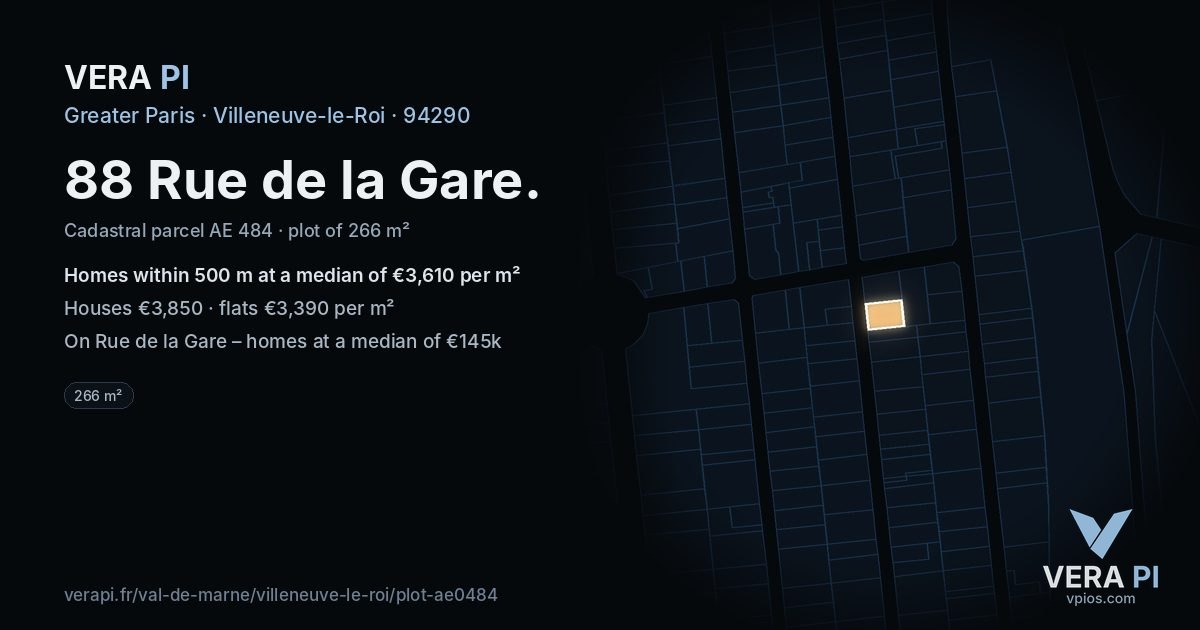 88 Rue de la Gare, Villeneuve-le-Roi at night – the plot lit, the parcels around coloured by the prices near them