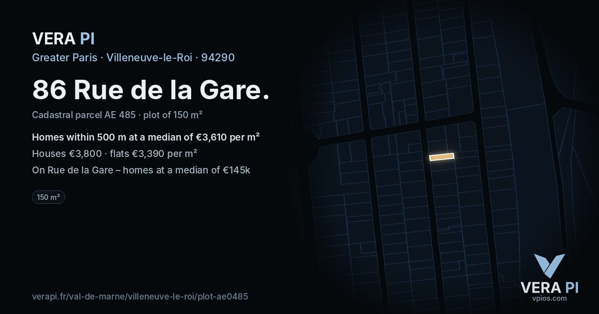86 Rue de la Gare, Villeneuve-le-Roi at night – the plot lit, the parcels around coloured by the prices near them