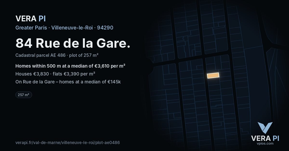 84 Rue de la Gare, Villeneuve-le-Roi at night – the plot lit, the parcels around coloured by the prices near them