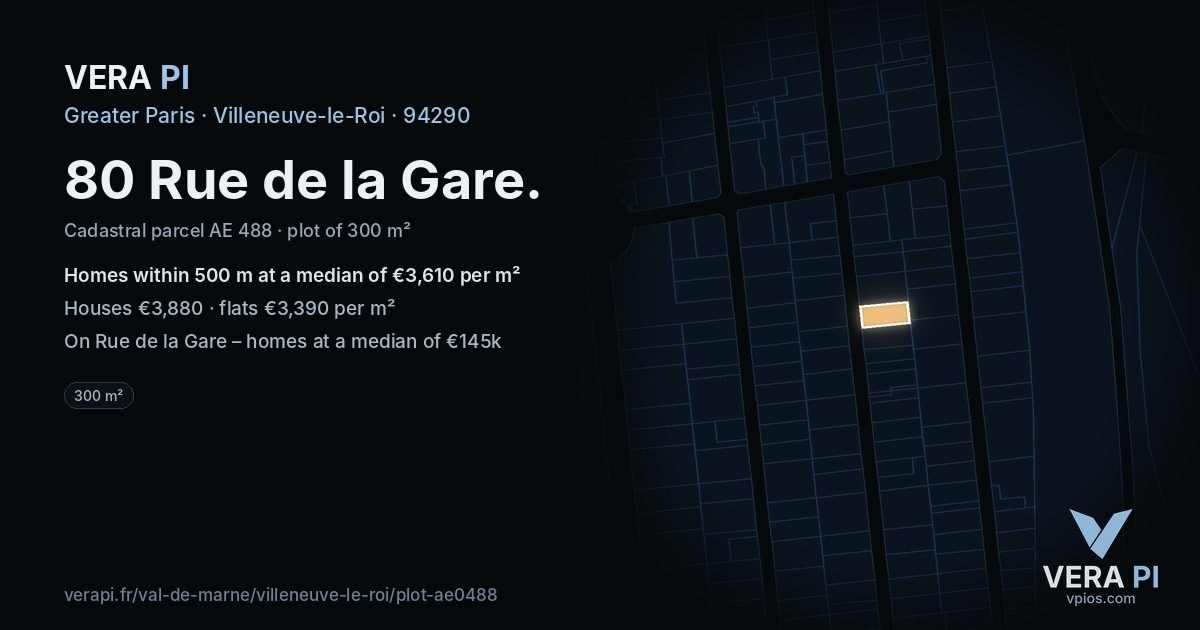 80 Rue de la Gare, Villeneuve-le-Roi at night – the plot lit, the parcels around coloured by the prices near them