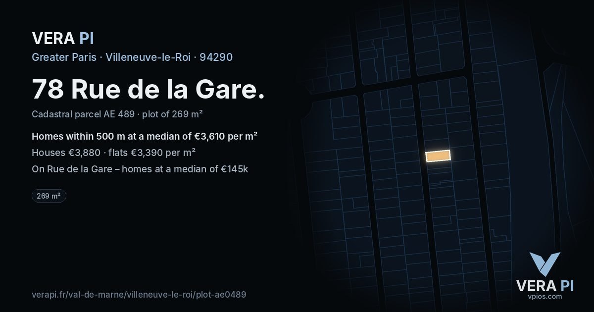 78 Rue de la Gare, Villeneuve-le-Roi at night – the plot lit, the parcels around coloured by the prices near them