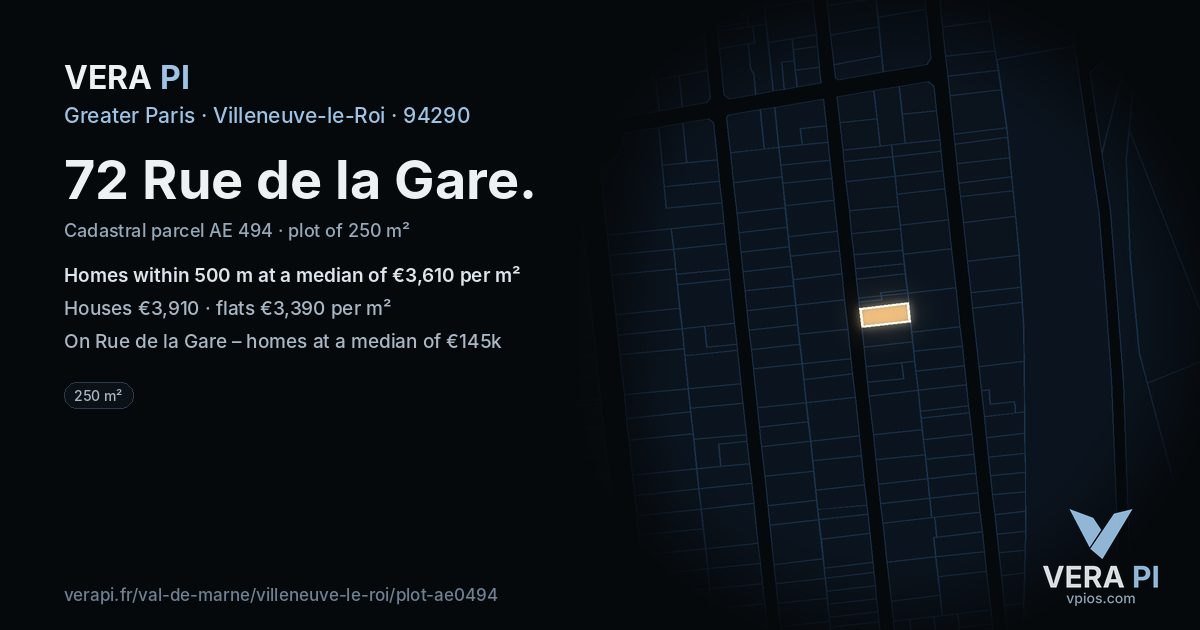 72 Rue de la Gare, Villeneuve-le-Roi at night – the plot lit, the parcels around coloured by the prices near them