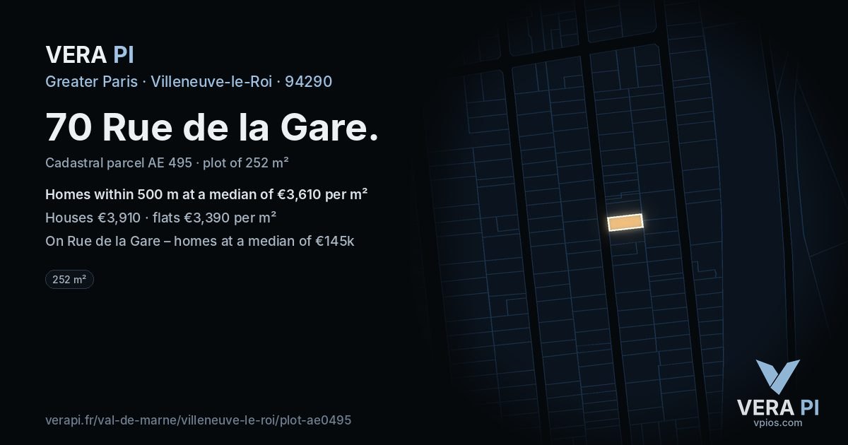 70 Rue de la Gare, Villeneuve-le-Roi at night – the plot lit, the parcels around coloured by the prices near them