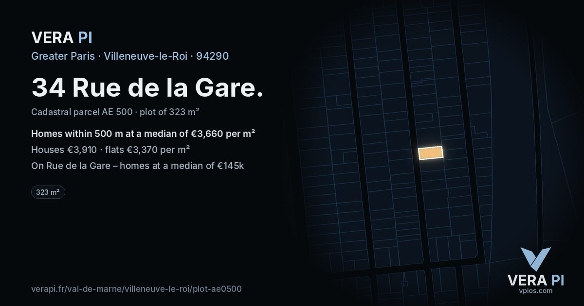 34 Rue de la Gare, Villeneuve-le-Roi at night – the plot lit, the parcels around coloured by the prices near them