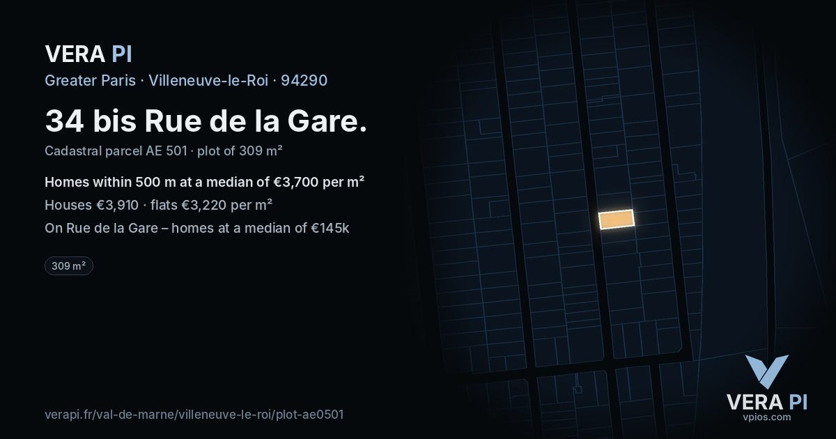 34 bis Rue de la Gare, Villeneuve-le-Roi at night – the plot lit, the parcels around coloured by the prices near them