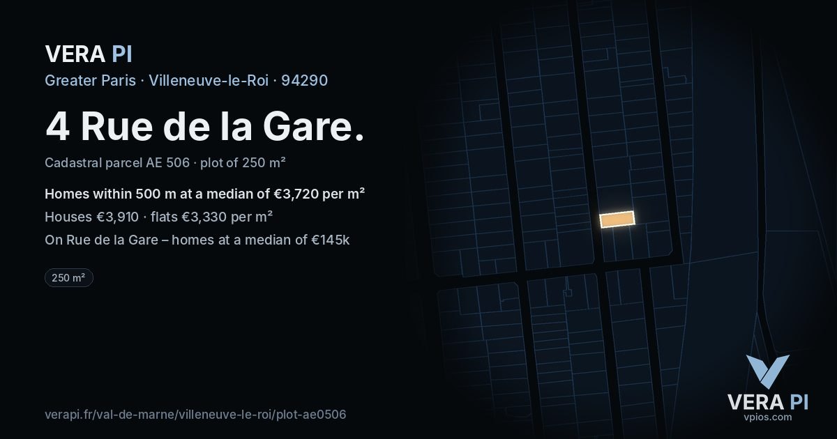 4 Rue de la Gare, Villeneuve-le-Roi at night – the plot lit, the parcels around coloured by the prices near them