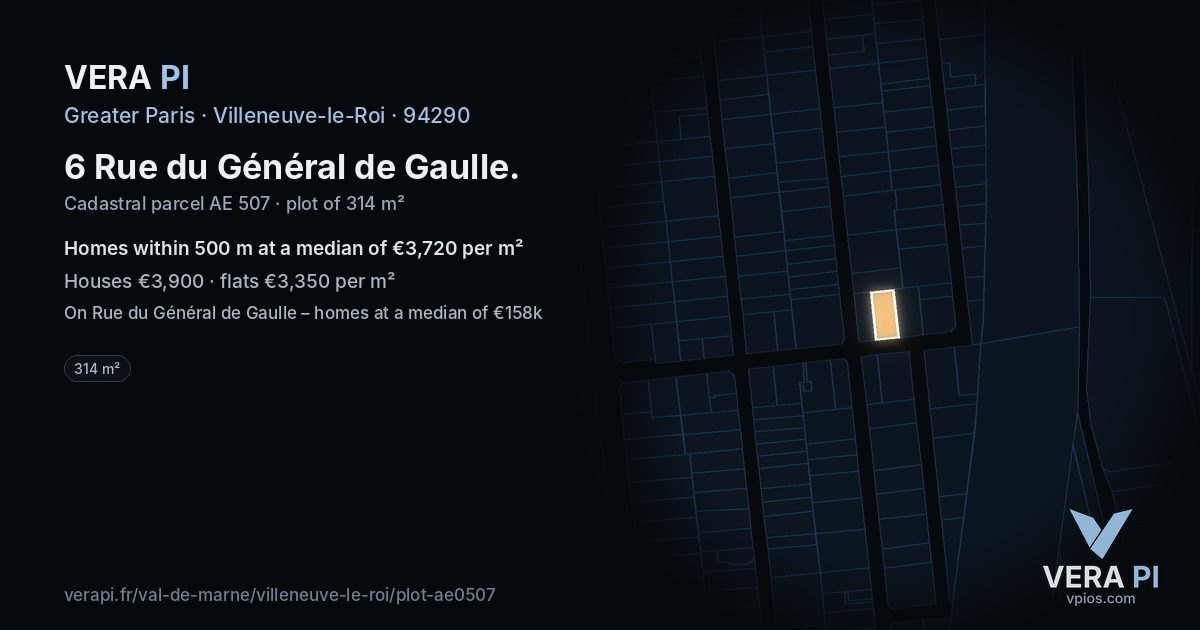 6 Rue du Général de Gaulle, Villeneuve-le-Roi at night – the plot lit, the parcels around coloured by the prices near them
