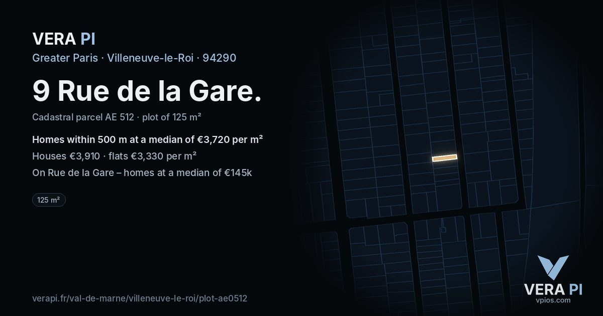 9 Rue de la Gare, Villeneuve-le-Roi at night – the plot lit, the parcels around coloured by the prices near them