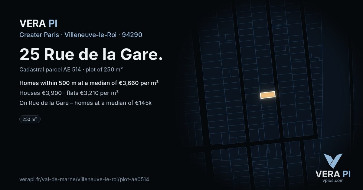 25 Rue de la Gare, Villeneuve-le-Roi at night – the plot lit, the parcels around coloured by the prices near them