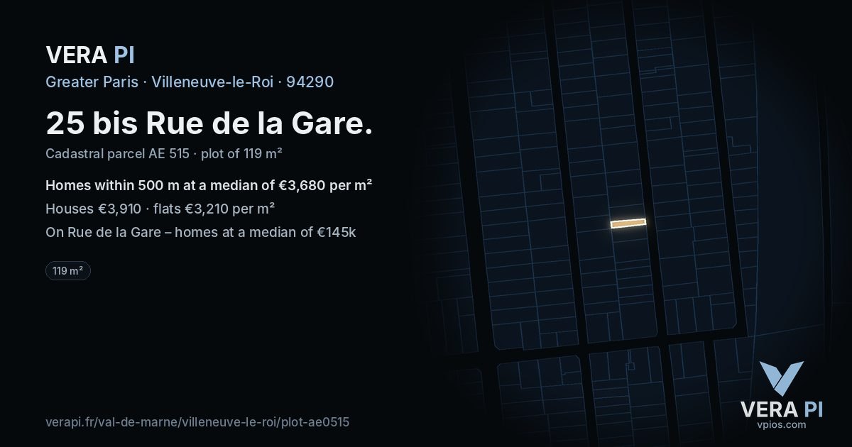 25 bis Rue de la Gare, Villeneuve-le-Roi at night – the plot lit, the parcels around coloured by the prices near them