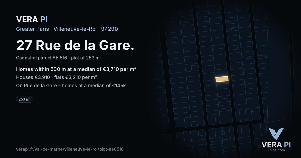 27 Rue de la Gare, Villeneuve-le-Roi at night – the plot lit, the parcels around coloured by the prices near them