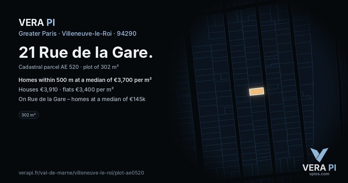 21 Rue de la Gare, Villeneuve-le-Roi at night – the plot lit, the parcels around coloured by the prices near them