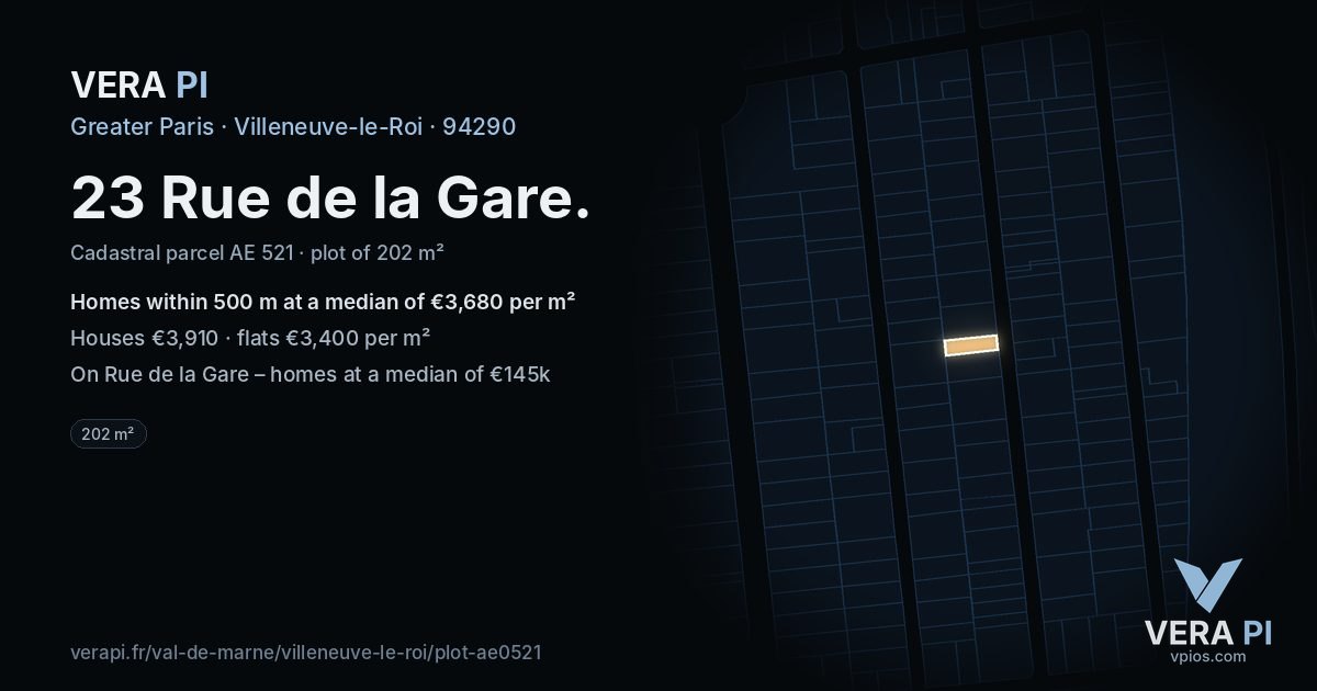 23 Rue de la Gare, Villeneuve-le-Roi at night – the plot lit, the parcels around coloured by the prices near them