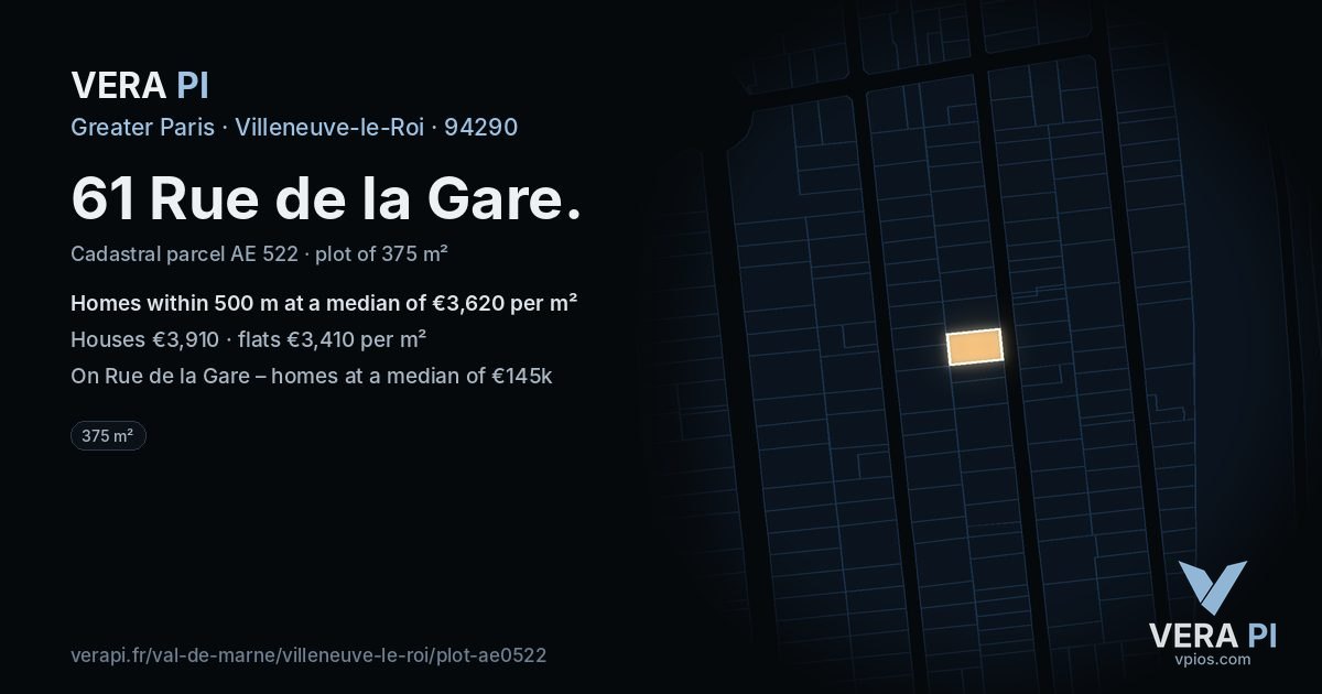 61 Rue de la Gare, Villeneuve-le-Roi at night – the plot lit, the parcels around coloured by the prices near them