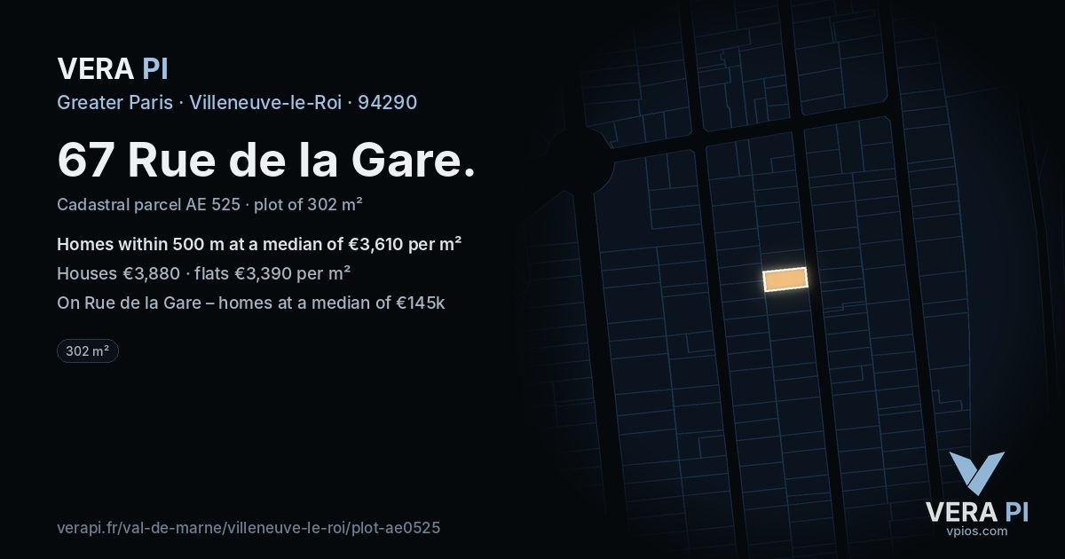 67 Rue de la Gare, Villeneuve-le-Roi at night – the plot lit, the parcels around coloured by the prices near them