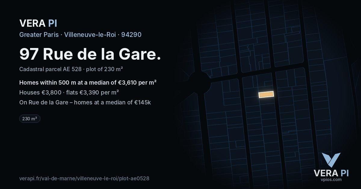 97 Rue de la Gare, Villeneuve-le-Roi at night – the plot lit, the parcels around coloured by the prices near them