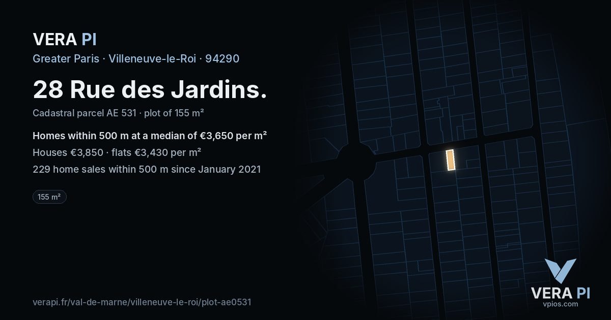 28 Rue des Jardins, Villeneuve-le-Roi at night – the plot lit, the parcels around coloured by the prices near them