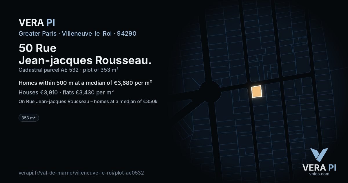 50 Rue Jean-jacques Rousseau, Villeneuve-le-Roi at night – the plot lit, the parcels around coloured by the prices near them