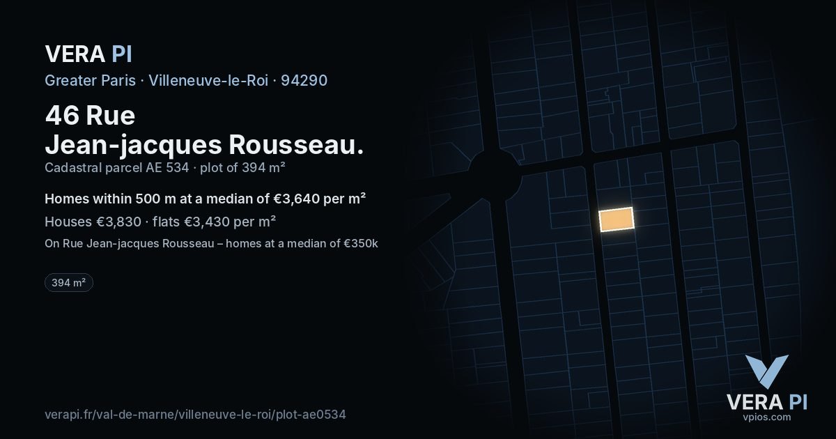 46 Rue Jean-jacques Rousseau, Villeneuve-le-Roi at night – the plot lit, the parcels around coloured by the prices near them