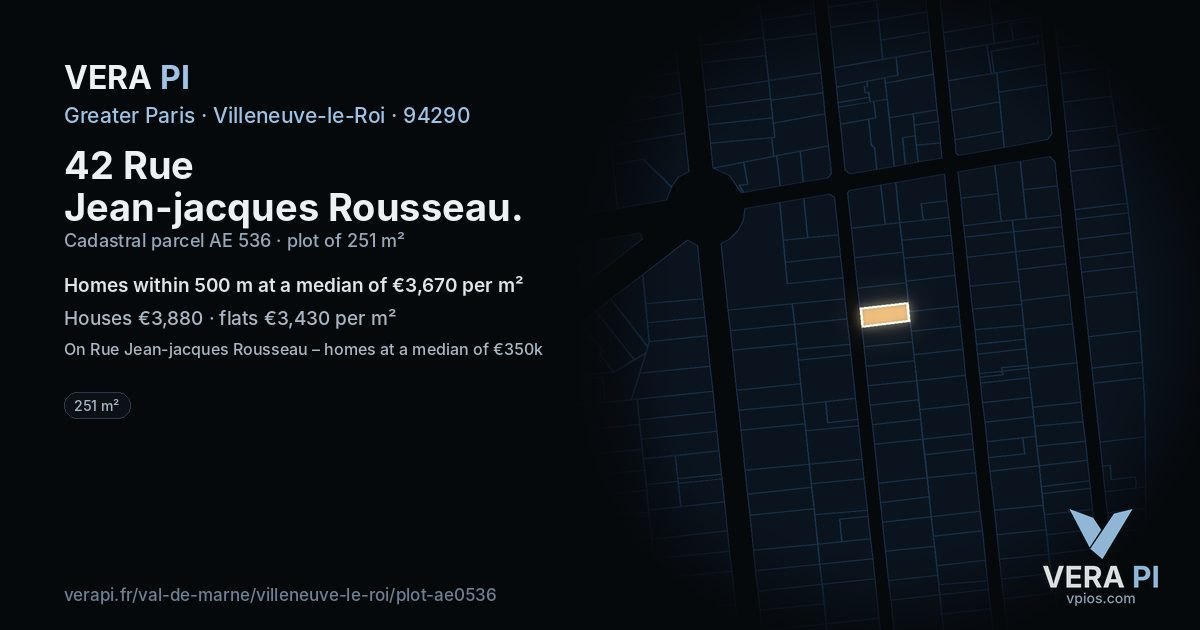 42 Rue Jean-jacques Rousseau, Villeneuve-le-Roi at night – the plot lit, the parcels around coloured by the prices near them
